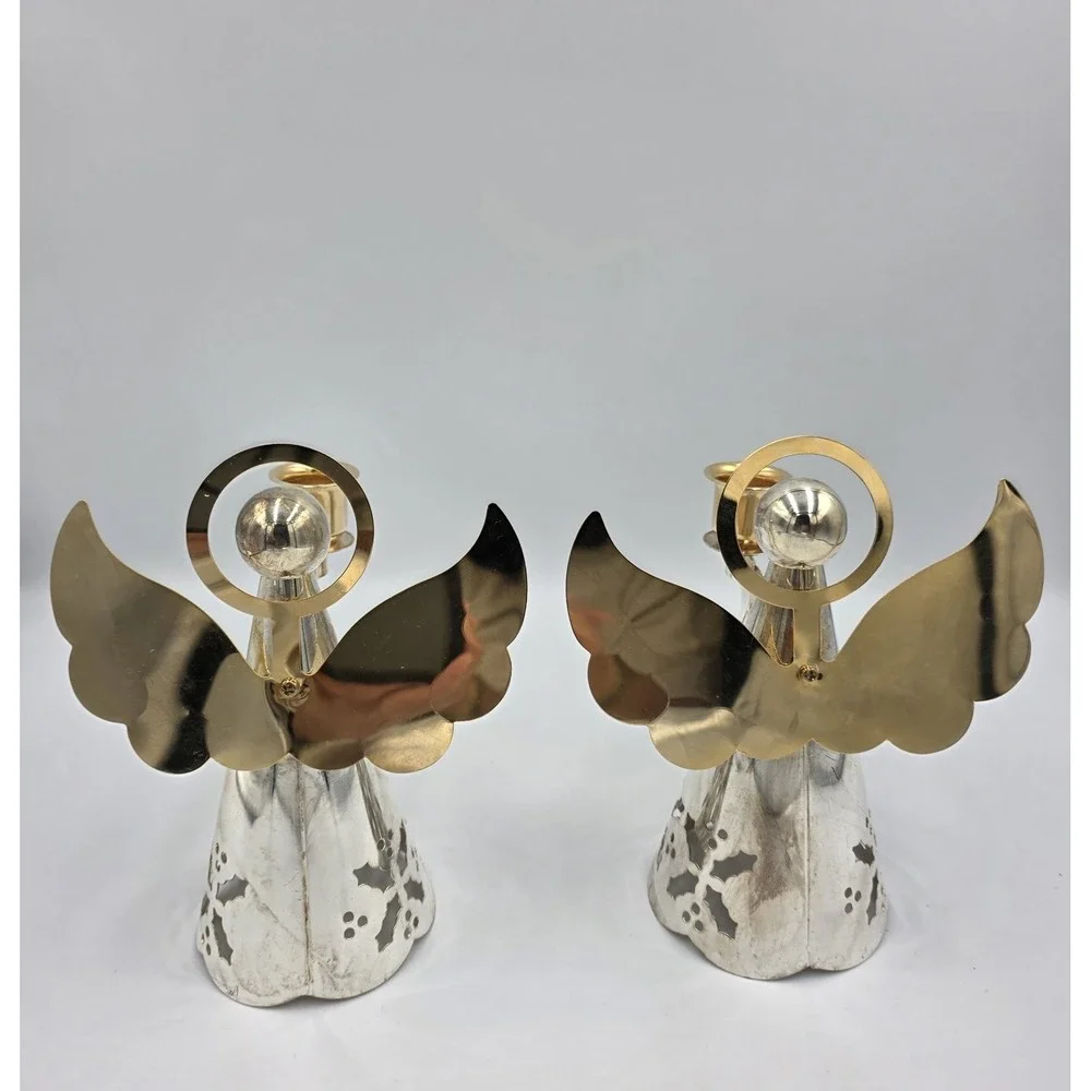 Vtg Internatial Silver Silverplate & Brass Angels‎ Holly Candlestick Holders 6
